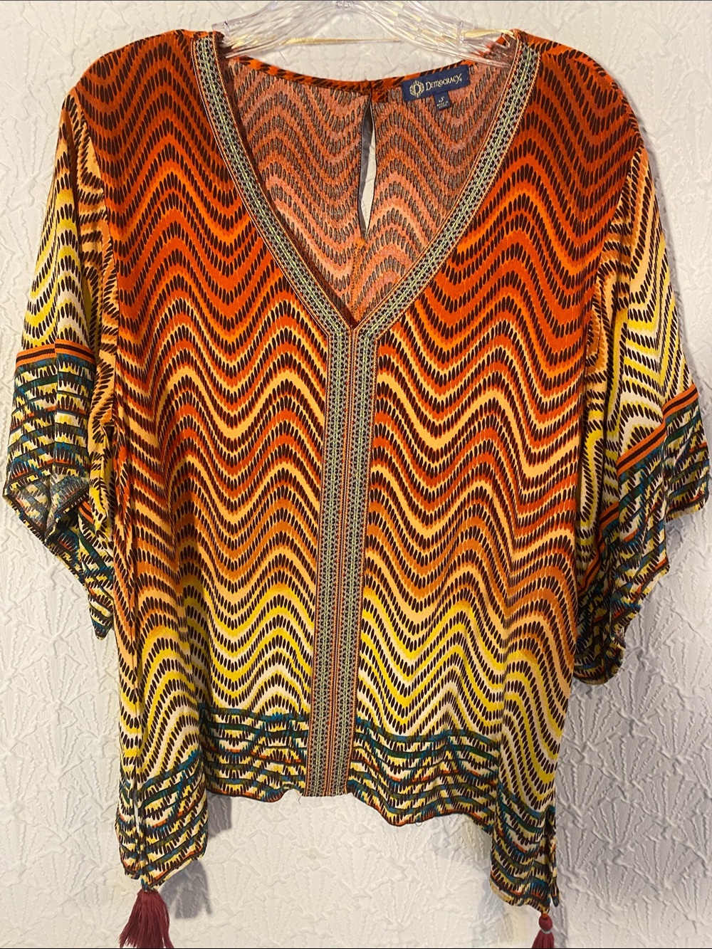 Democracy Orange and Yellow Wave-Print V-Neck Tunic